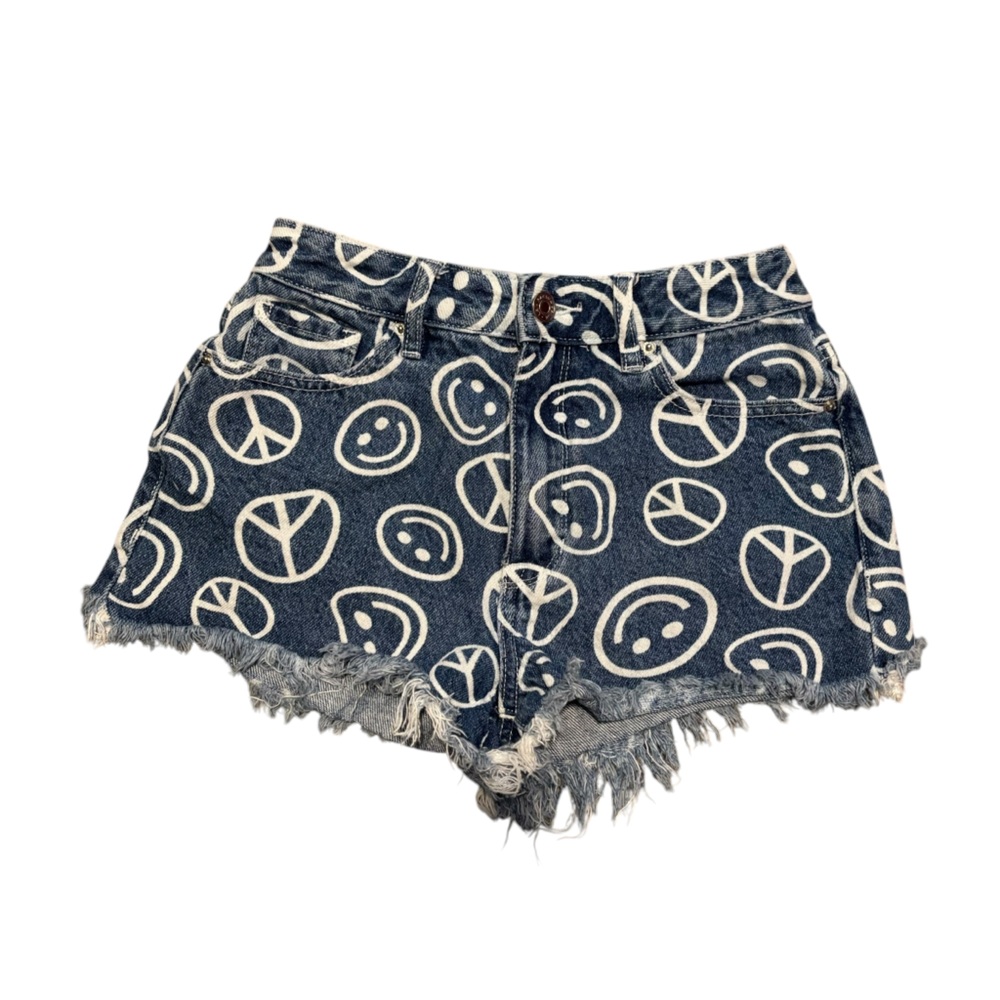 PacSun High Rise Festival Jean Shorts blue denim white smile & peace print sz 24